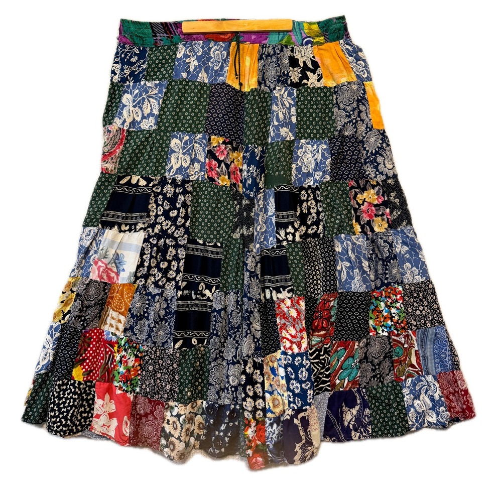 D II K BY KVM Patchwork Skirt Women XL Multicolor Cotton Drawstring Maxi Skirt